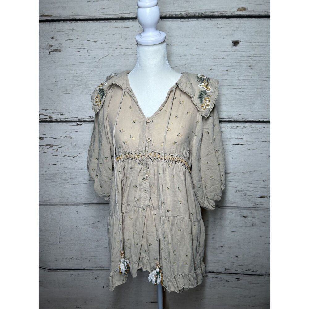 Zara Size Small Boho Floral Embroidered Collar Tassel Tunic Blouse Cream